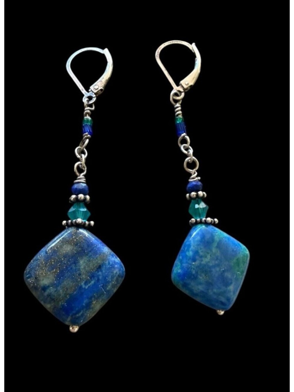 925 Sterling Silver Lapis Lazuli Chrysocolla Dangle Drop Leverback Earrings